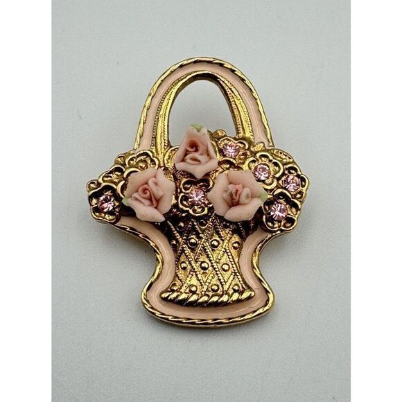 1928 Flower Basket Brooch Enamel Iridescent Crystals Porcelain Gold Tone Vintage - Picture 3 of 7